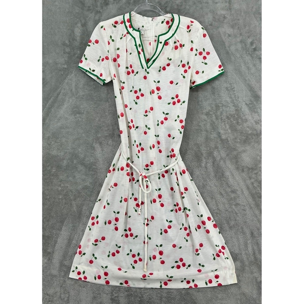 True Vintage Nantucket Dress Womens XL Cherry‎ Print House Day Belted 70s Retro